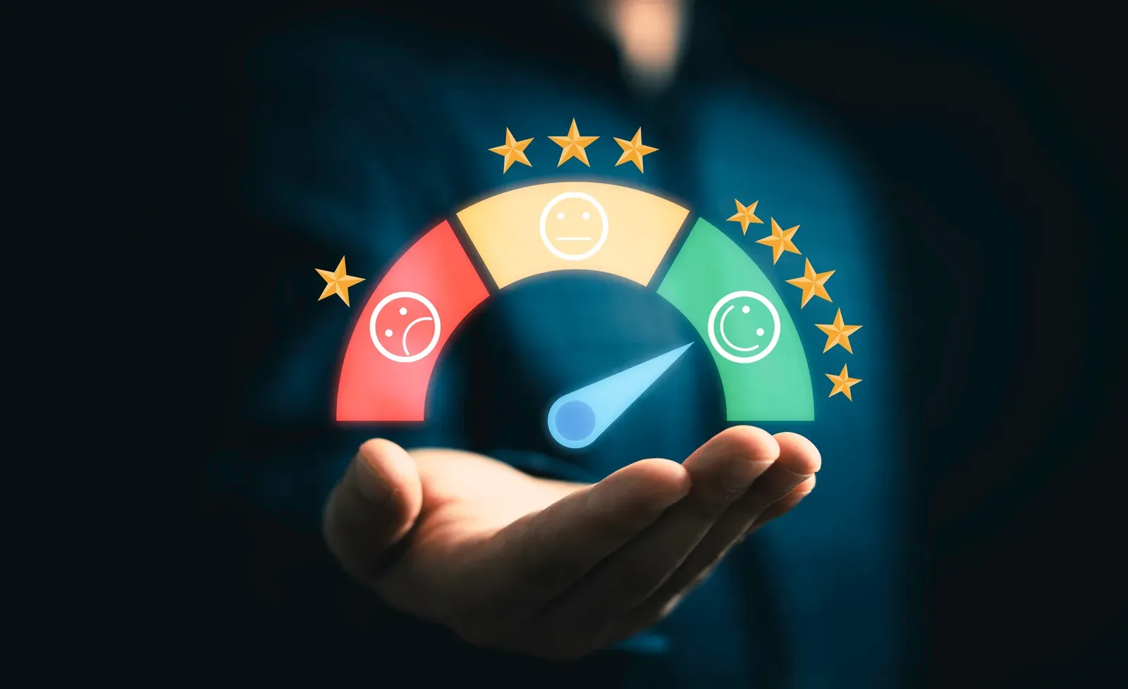 Hand moving a rating indicator from low to high on an evaluation scale