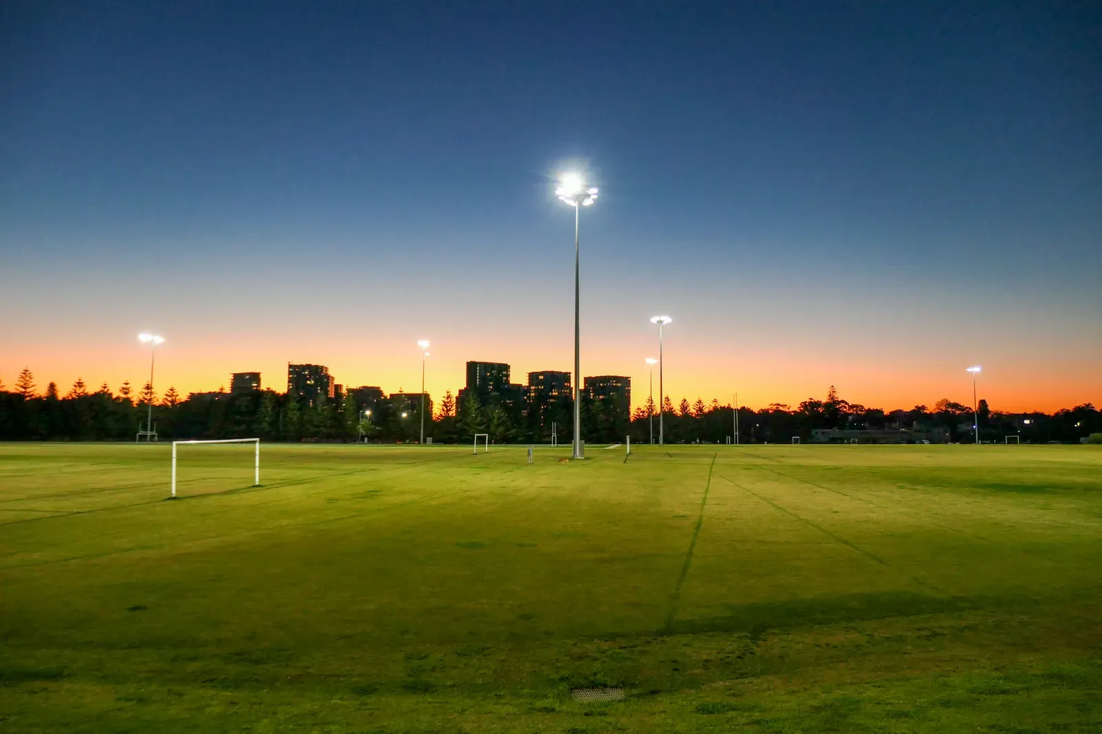 A grass sports field lit under stadium lights at dusk